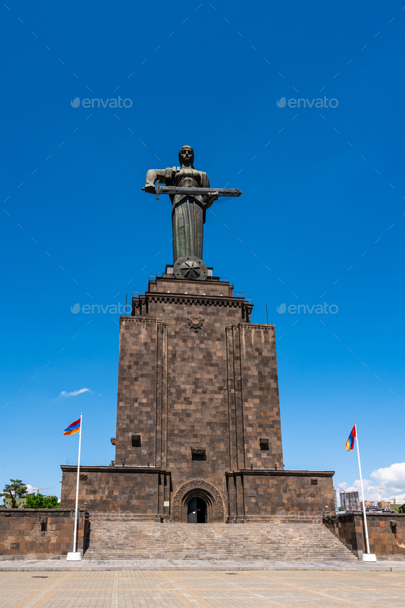 Mother Armenia woman statue with sword, soviet union architecture in